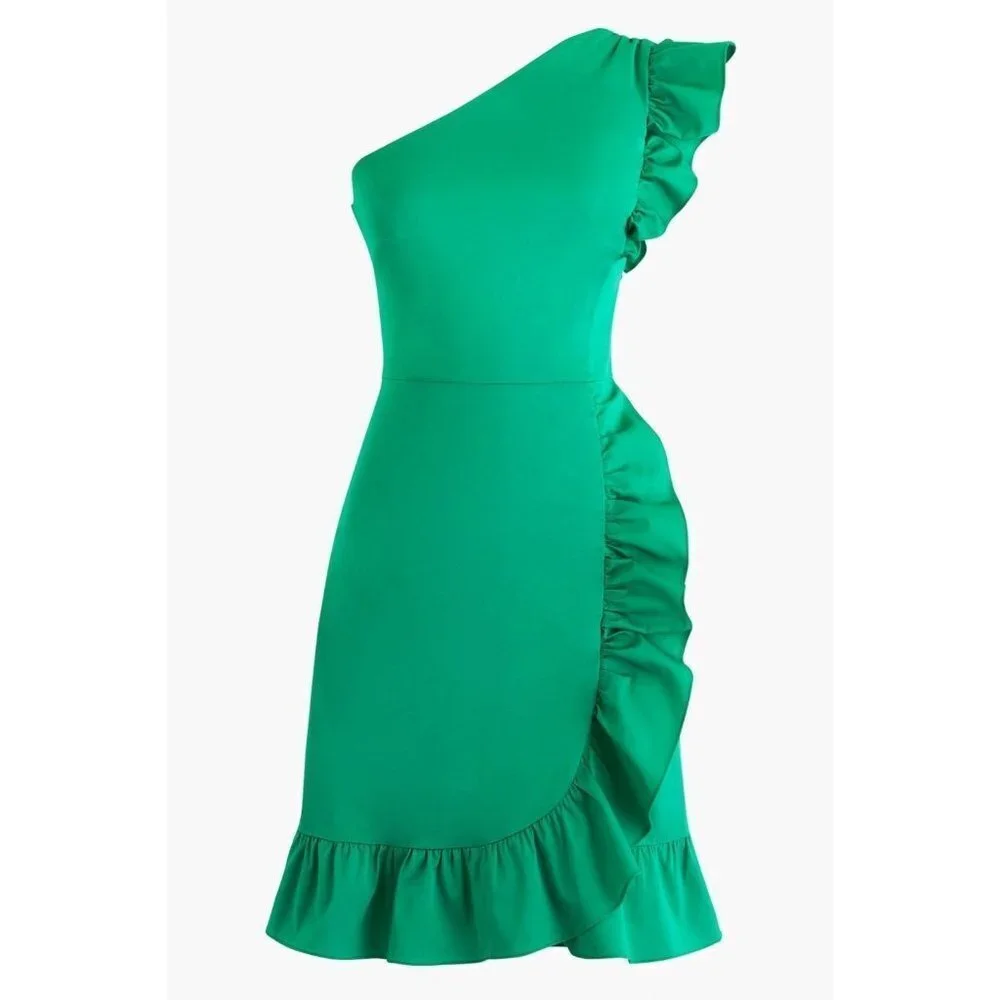 NWT J.Crew One Shoulder in Bright Kelly Green Stretch Twill Ruffle Dress 20 $168